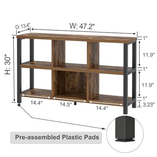 Industrial Horizontal Bookshelf, 6 Cube Storage Organizer with Shelf, Wood and Metal Cubby Bookcase for Living Room Bedroom, Rustic Brown, 47 Inch - color: Brown