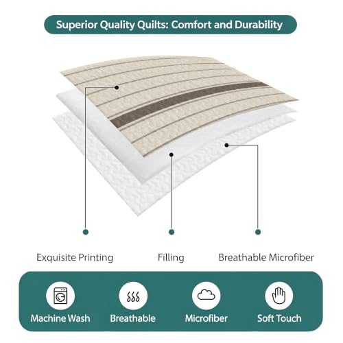 Minimalist Stripe 3 Piece Quilt Set Queen Size, Vintage Brown Striped Lines Rustic Linen Texture Soft Bedspread Coverlet Bedding Set Microfiber Lightweight Comforter Set with 2 Pillowcases for Bedroom - size: Queen