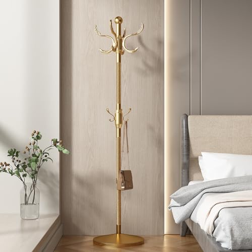 Metal Coat Rack Stand Coat Rack Freestanding with 12 Hooks,Gold | Sturdy Heavy Duty Modern Coats Tree for Bags Clothes Hall Tree Hats Hanger Holder Stand for Entryway Bedroom Hallway Office - color: Gold with 12 Hooks