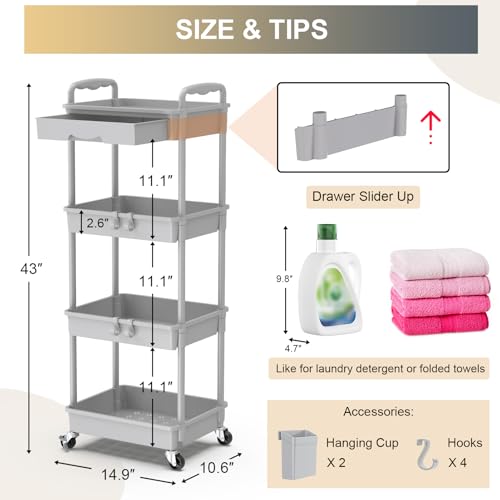 Goovilla 4 Tier Rolling Utility Cart Organizer with Removable Drawer, Grey | Stable and Sturdy Rolling Storage Carts with 2 Lockable Wheels for Bathroom, Kitchen, Snack, Craft, Makeup, Baby Essentials - size: 4 Tier, style: Gray