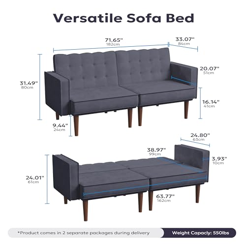 Furnify 71" Velvet Futon Sofa Bed, Versatile Loveseat Couch, Sleeper Sofa with Adjustable Backrest, Mid Century Modern Futon Couch for Small Space, Living Room, Office & Apartment, Velvet Fabric Grey - color: Grey