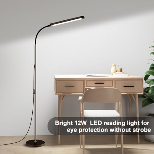 Modern LED Floor Lamp for Reading in Black, Bright 12W Dimmable Standing Light with Adjustable Gooseneck, 3 Color Temperatures, for Living Room corner, Office, Study Room, bedroom bedside nursery,lash - color: Black