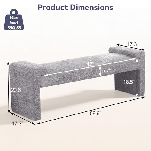 Upholstered Entryway Bench, 58.7" Modern Bedroom Bench, Grey | Sherpa Fleece, Curved Armrests, Solid Wood Frame, End of Bed, Bedroom, Living Room, Hallway - color: Grey-sherpa, size: 58.7"