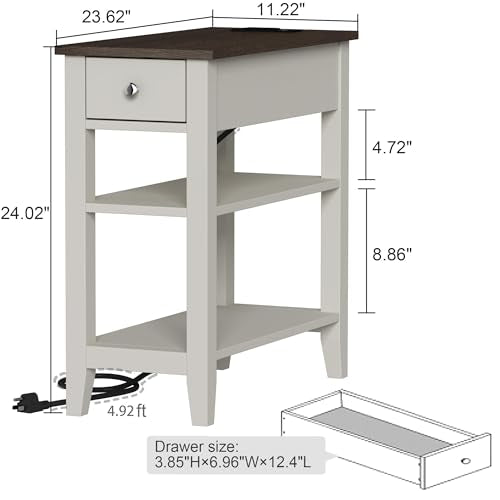 ChooChoo Farmhouse End Table with Charging Station | Narrow Side Table Living Room, USB Ports & Power Outlets, Hidden Drawer, White and Brown - color: Farmhouse White