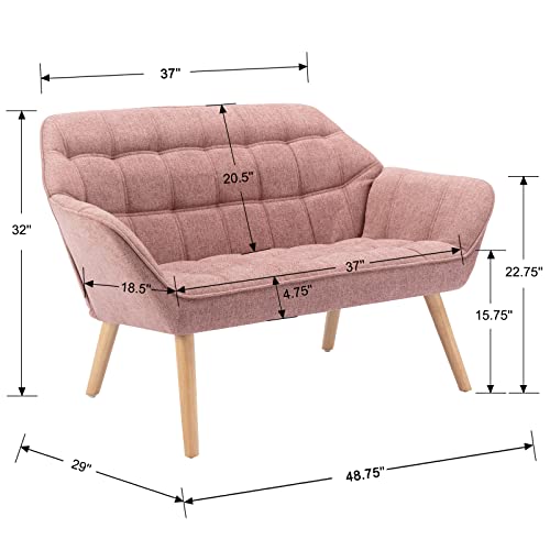 48" Small Loveseat Sofa, Modern Linen Fabric Mini Sofa Couch 2-Seater Love Seat with Quilting Backs and Wood Legs for Living Room, Bedroom and Small Space, Pink - color: Pink