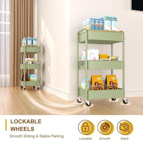 3 Tier Metal Utility Cart, Rolling Storage Cart with Wooden Tabletop, Metal Organizer Cart with Lockable Wheels for Office, Bedroom, Kitchen and Living Room (Green) - color: Green