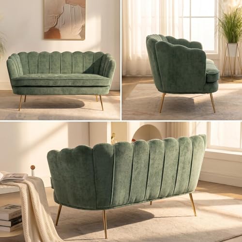 Modern Green Chenille Loveseat Couch Futon Small Sofa with Gold Metal Legs | 2-Seater Upholstered Mini Sofa Couches for Small Space Living Room Bedroom Office Dorm Studio Apartment Love Seat Couche - color: Green