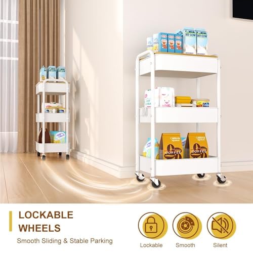 3 Tier Metal Utility Cart, Rolling Storage Cart with Wooden Tabletop, Metal Organizer Cart with Lockable Wheels for Office, Bedroom, Kitchen and Living Room (White) - color: White