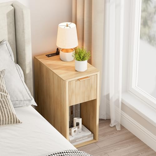 Homleke Narrow End Table with Fluted Drawer & Charging Station | Compact Nightstand with USB Ports & Outlets, Bedside Table for Bedroom, Living Room, Modern Accent Table, Natural - color: Natural