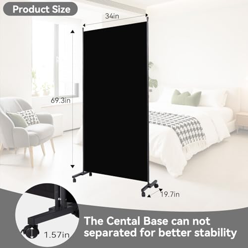 Folding Room Divider W/Wheels,Heavy Duty Base Privacy Screen Separator | 360° Smooth Lockable Rolling Wheels,Foldable Freestanding Wall Divider,Easy Movable Partition for Room Separation - color: Black, size: B-34''-1 Panel