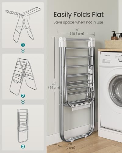 SONGMICS Clothes Drying Rack, Foldable Laundry Drying Rack, White | Sock Clips, Metal Clothes Airer with Height-Adjustable Gullwings, Space-Saving, Indoor Outdoor, ULLR505EW01 - color: White, size: 51.2"W x 39"/44.9"H