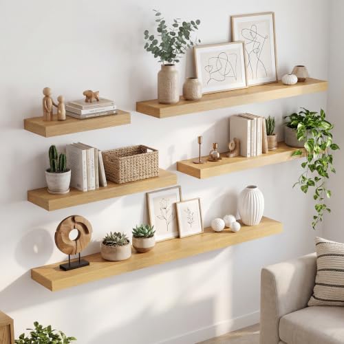 8 inch Deep Floating Shelves for Wall, 24" Wide, Oak Finish, 2-Pack | Engineered Wood Wall Shelves with Invisible Brackets for Living Room, Bedroom, Bathroom, Office & Kitchen Storage - color: Oak Finish, size: 24"W x 8"D, 2p