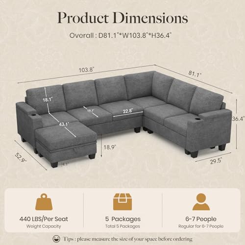 Belffin Chenille Modular Sectional Sofa Convertible L Shaped Corner Couches for Living Room with Storage Armrest with Cup Holder Light Grey Couch - color: Light Grey, size: 6-seater sofa