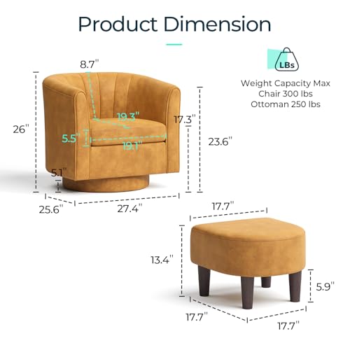 LINSY Swivel Accent Chair with Ottoman: Small Velvet Barrel Chair 360 Swivel Modern Armchair, Upholstered Reading Chair with Footrest for Living Room Bedroom Study Room (Yellow) - color: Yellow, size: Small