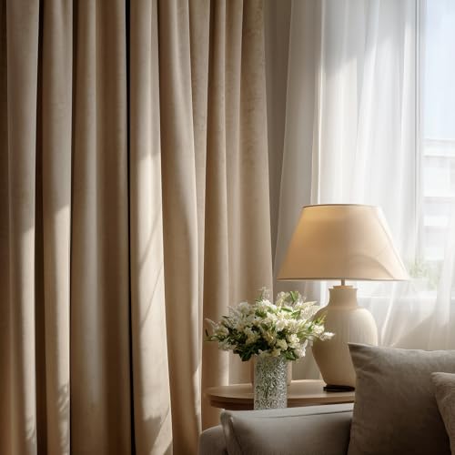 96 inches Long Pinch Pleated Velvet Curtains,Beige Boho Decorative Light Blocking Privacy Window Treatment for Living Room Nursery,Heavy Thick Velvet Curtain Rails Ceiling Mount 2 Panels - color: Beige, size: 40"W x 96"L (Pack of 2)