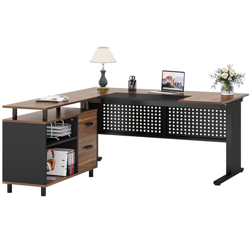 Tribesigns 63 Inch Executive Desk with Filing Cabinet, L Shaped Office Desk | Large Office Desk with File Drawer, L Shaped Desk with Storage, Computer Desk for Home Office, Easy Assembly, Brown and Black - color: Brown and Black