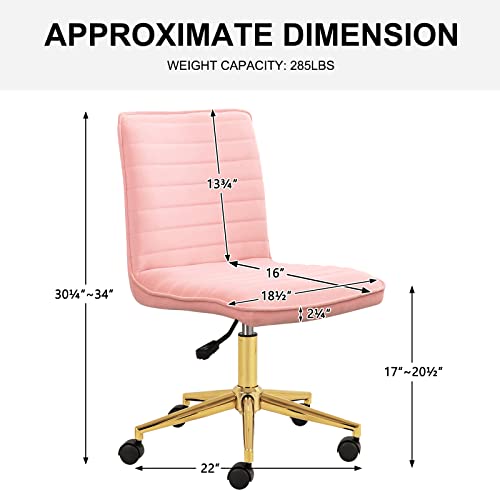 Furnimart Pink Swivel Armless Desk Chair with Wheels, Small Velvet Upholstered Home Office Desk Chair Mid-Back Adjustable Chair for Teen Girl Vanity Desk Bedroom Dorm Living Room (Velvet-Pink) - color: Velvet-pink
