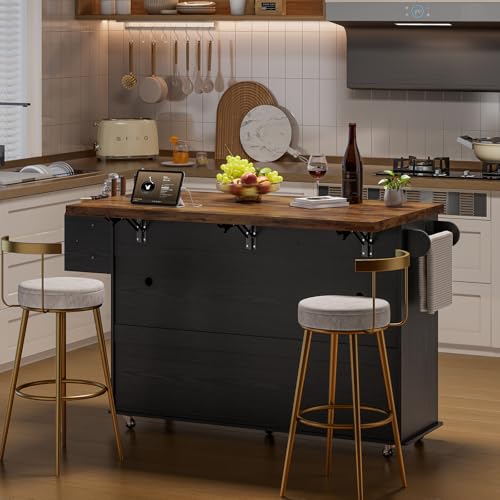 60" Kitchen Island with Power Outlet & Drop Leaf, Rolling Island with Spice Rack & Towel Rack, Kitchen Island Cart with Trash Storage Cabinet, Island Table for Kitchen, Black+Rustic Brown - color: Black+rustic Brown