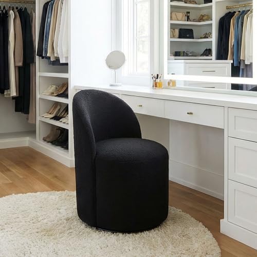 HNY Upholstered Kitchen & Dining Room Barrel Chair, Mid Century Modern Round Sherpa Boucle Dining Chair, 360 Degree Swivel Comfy Armless Accent Makeup Vanity Side Chair for Bedroom Living Room, Black - color: Black