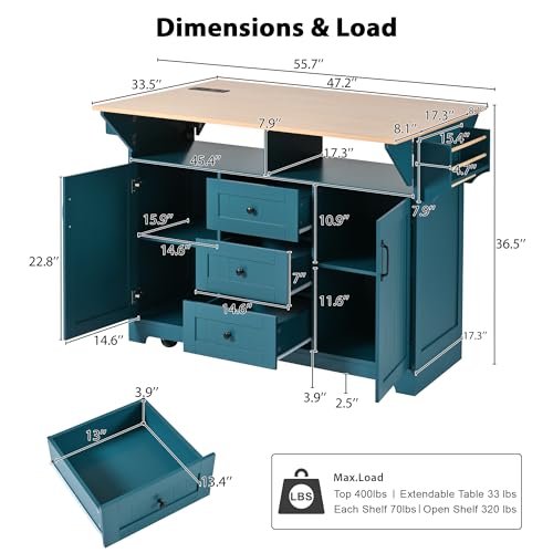 Kitchen Island with 2 Drop Leaf, Home Cart Island on Wheels Foldable Dining Table with Power Outlets,3 Drawers,Storage Cabinet, Tower Rack(Green) - color: Green