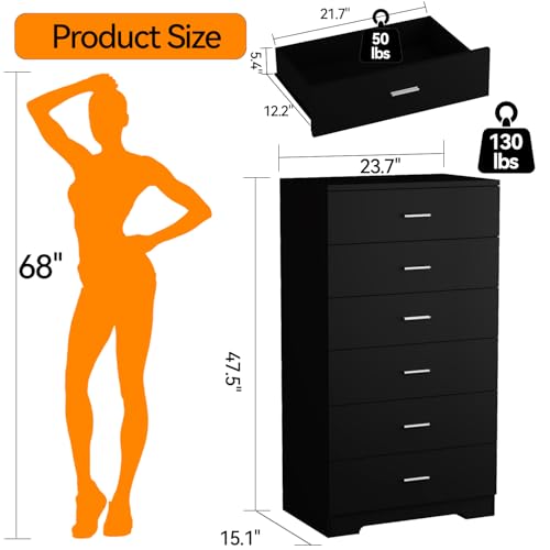 48" Tall Dresser for Bedroom Chest of Drawers with Power Outlets Wood 6 Drawers Dresser with Large Storage Space and Metal Handles Modern Closet Storage Drawer for Living Room Hallway Black - color: Black