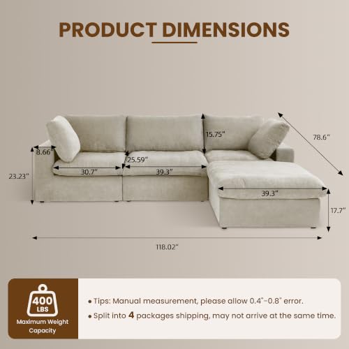 118" Cloud Modular Sofa, Convertible Modular L-Shaped Couch with Storage Ottoman, Cotton Linen Fabric Sofa for Living Room, Apartment and Bedroom, Removable Covers, 2 Pillows, Khaki - color: Khaki, size: L-Shape