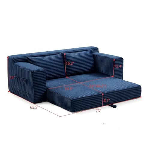 73" Corduroy Cloud Loveseat Sofa, 2-in-1 Convertible Sleeper Sofa Bed with Memory Foam, No-Assembly Sofa-in-a-Box for Small Spaces Living Room/Apartment/Office (Blue) | Corduroy - color: Blue
