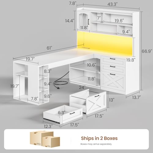 SEDETA Farmhouse 61” L Shaped Office Desk with Drawers, Storage Shelves | Computer Desk with Storage Shelves and Power Outlet, Corner Gaming Desk with LED Light and Display Cabinet for Home Office - color: White, size: L Shaped Desk