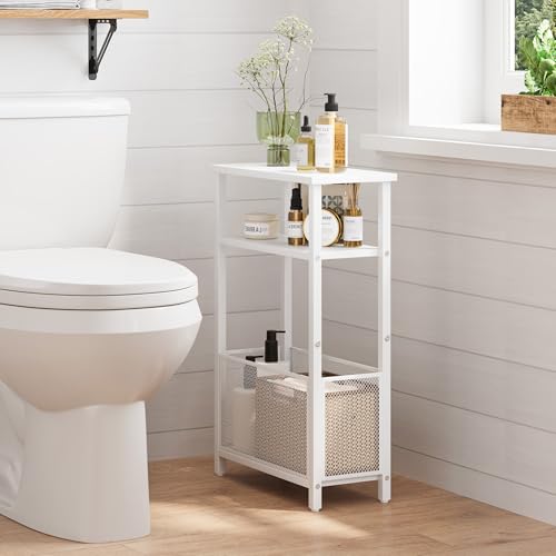 MMEOLUOOK Narrow Side Table with Storage Basket Skinny End Tables for Smalls Spaces 3 Tier Sofa Table Small Nightstand Slim Bedside Table for Living Room Bedroom White MLBZ22W - color: White