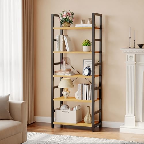 DUMOS 5-Tier Bookshelf, Modern Tall Bookcase Book Shelf | Open Storage Display Shelf for Living Room, Bedroom, Home Office, Narrow Standing Shelving Unit for Books, CDs, Décor Wood - color: Natural Wood, size: 5 Tier