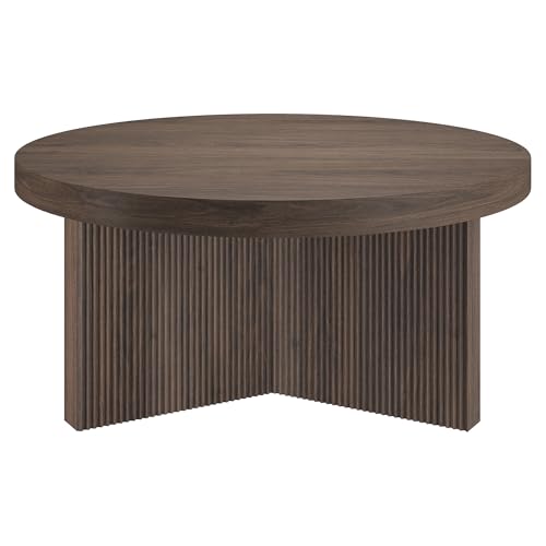 Henn&Hart 32" Scandinavian Fluted Coffee Table, Rich Brown | Ribbed pedestal base and low profile bring Scandinavian style to small spaces including living rooms or family rooms - color: Rich Brown, size: 32 inches