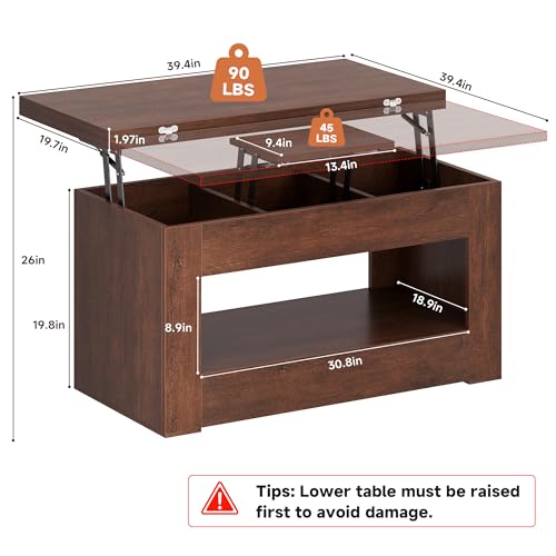 UNIQUITE 40" Lift Top Coffee Table, 4 in 1 Multi-Function Lift Coffee Table with Storage and Hidden Compartment, Convertible Coffee Tables to Dining Table for Living Room, Walnut - color: Walnut
