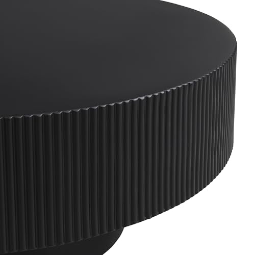 31.5" Round Wood Coffee Table with 6.8 Thick Top, Mid Century Modern Fluted Circle Circular Center Table for Living Room, Apartment, Small Space Home Office, Dark Black - color: Dark Black, size: 31.5"D x 31.5"W x 13.78"H