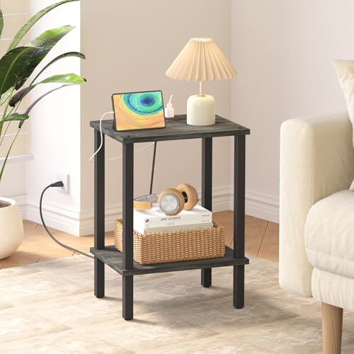 TUTOTAK End Table with Charging Station, Side Table Set of 2, Nightstand | 2-Tier Storage Shelf, Bedside Table with USB Ports, Sofa Table for Small Space, Livingroom, Bedroom Charcoal Grey TB01BY041 - color: Charcoal Grey
