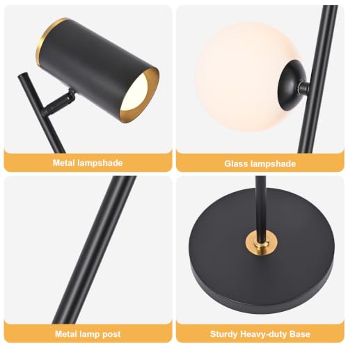 Modern Reading Floor Lamp with 3-Color Dimmable LED, 63" Tall | Dual Light Sources Adjustable Black Standing Lamp, Glass & Metal Shades, Ideal Reading Light for Living Room Bedroom Office - color: Black