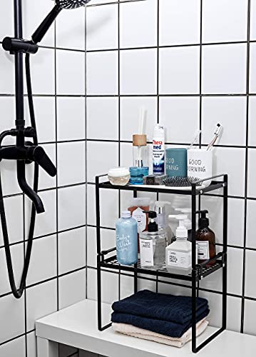 Shantton 2pk Kitchen Cabinet Shelf Counter Organizer Rack Pantry Storage Bathroom Bedroom Office Table Desk Space Saving Steel Frame Stackable Rust Resistant Non Slip Black-Tall-L13in W8.3in H9.5in | 2-Pack Stackable Metal Riser Holds 40LBS with Non-Slip