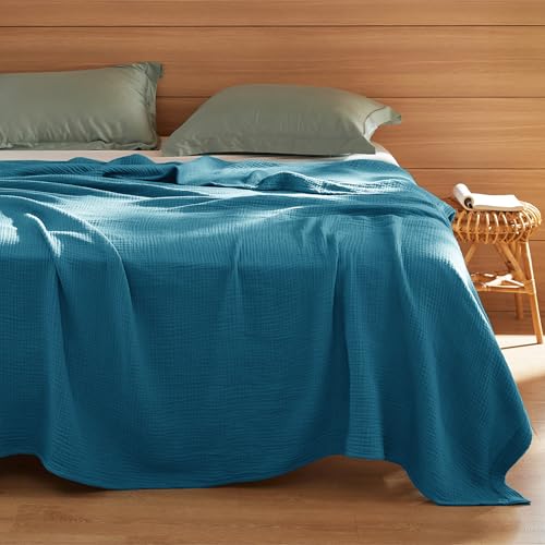 Bedsure 100% Cotton Muslin Blanket King Size for Bed - 4-Layer Breathable and Lightweight Thin Soft Summer Gauze Muslin Blanket for Adults, Teal, 108x90 Inches | Lightweight Breathable Summer Gauze Muslin Blanket for Adults, Soft Thin Bedspread Coverlet A