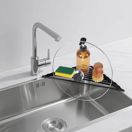 HANZENMA Triangular Sink Rack, Multi-Functional Rack Above the countertop, Foldable Sink Drying mat, Heat-Resistant, Non-Slip, and Rust-Proof Dish Rack (Black) - color: Black, size: Triangle: 15.8" x 9"