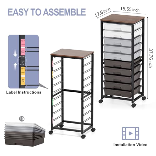 Sykiariol 10 Drawer Rolling Cart,Grey | Rolling Cart for Craft Storage,Storage Cart with Lockable Wheels and Wooden Tabletop for Classroom,Office,Living Room - color: Grey