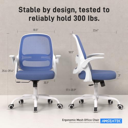 amseatec Ergonomic Mesh Desk Chair with Flip-Up Arms, Supports 300 lbs | Aerospace-grade frame, Mesh & 3" foam seat. 90-110° rocking, height adjustable, 360° swivel. - color: Blue