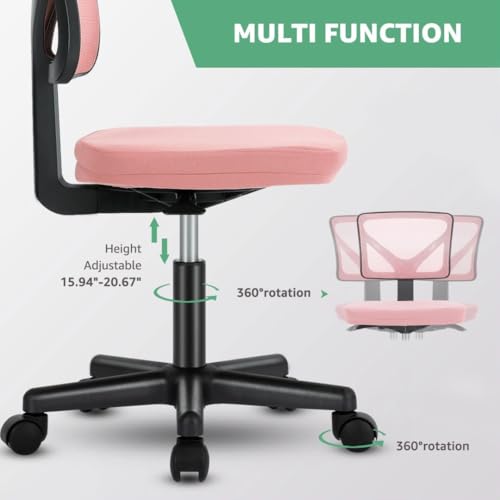 Armless Mesh Office Chair, Ergonomic Low Back Deskchair, Adjustable Rolling Task Computer Swivelchairs for Small Spaces Home Bedroom Study, Pink - color: Pink