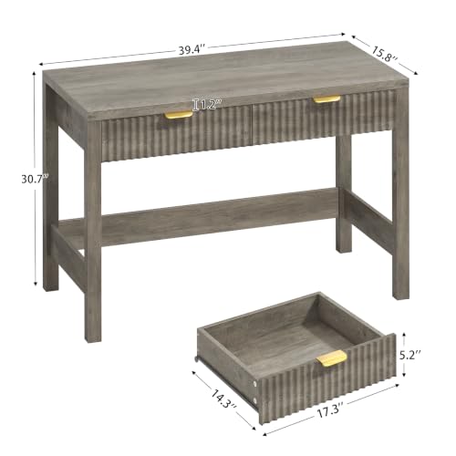 39 Inch Small Fluted Computer Desk with 2 Drawers for Bedroom, Home Office | Small Computer Desk with Storage, Compact Writing Study Desk for Small Spaces, Grey - color: Grey, size: 39-Inch Desk