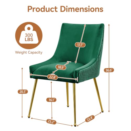 WUTUTUEE Velvet Dining Chairs Set of 2 Gold Legs,Upholstered Velvet Accent Chairs, Pleated Back Design & Gold Pull Handle, Mid Century Modern Chairs for Dining/Kitchen/Living Room,Green - color: Green, size: Set of 2