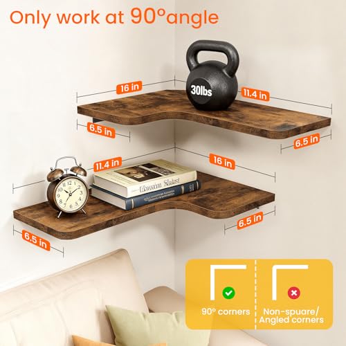 Corner Floating Shelves, Corner Shelves Wall Mounted with Cord Hole, Set of 3 L Shape Wood Wall Storage Shelves for Living Room Bedroom Bathroom Kitchen, Rustic Brown - color: Rustic Brown