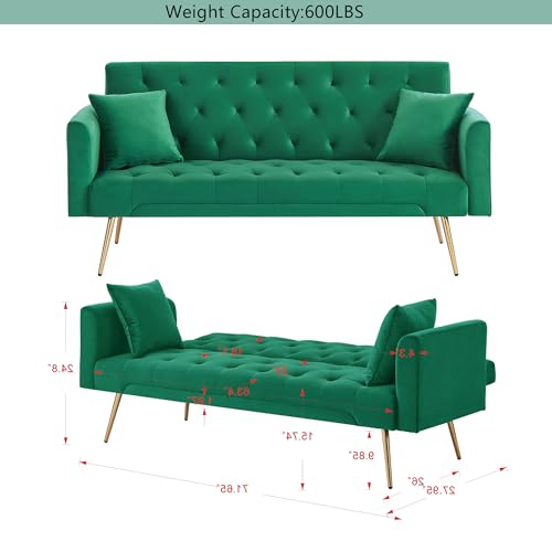 72"Modern Velvet Sofa Bed Futon,Convertible Folding Sleeper Bed Couches with 3 Adjustable Backrests,Tufted Recliner Love Seat with Golden Chrome Legs for Living Room Apartment Office (Green+pillows) - color: Green+pillows
