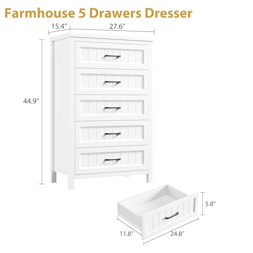 Jocoevol 5 Drawer Dresser for Bedroom - Farmhouse 44.9" Tall Chest of Dresser with Large Storage, Rubst Wood Construction for Living Room, Hallway & Entryway - White - color: White