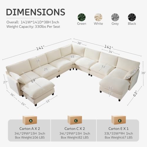 Ihanherry 139" Oversized V-Shaped Modular Sectional Couch, 9-Seater Cloud Sofa with Corner & Movable Ottoman, Large Cushions, Chenille Deep Seat Living Room Furniture Set, Beige - color: Beige Cream, size: 139" 9 Seat V Sofa