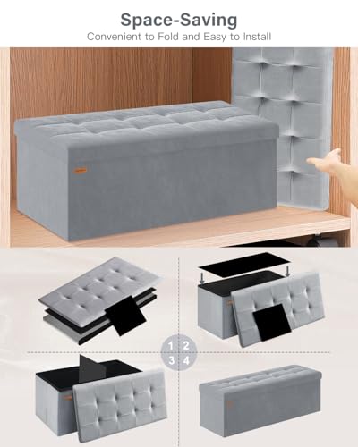 ABHENG Folding Storage Ottoman, Velvet Storage Bench, Footrest, Removable Divider, for Living Room, Bedroom, 15 x 43 x 15 Inches, 660 lb Load Capacity, Gray UASND02G