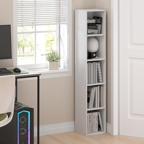 Furinno Fulda Book Shelf, 5-Tier Tall Narrow Bookshelf, Standing Bookcase with 10-in Width Storage Shelf, 9.3 x 9.8 x 51.9, for Organization Storage, for Living Room, Bedroom, Home Office, White - color: White, size: 5-Tier, 10W