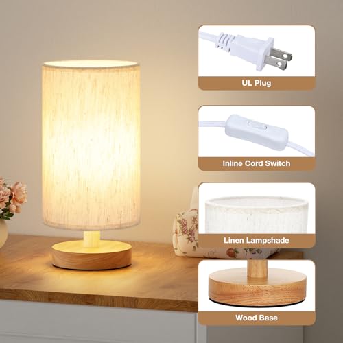 9" Small Table Lamp for Bedroom - Inline Control with 3000K Blub | Cream Shade and Wood Base | 680 Lumens | Easy Assembly | Minimalist Design | E26 | for Kitchen | for Kids Room - color: Cream Shade - Wood Base